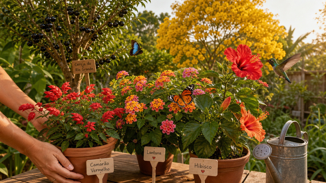 Mãos com vaso de Camarão Vermelho, vasos de Lantana e Hibisco com borboletas e beija-flor no jardim ao pôr do sol.