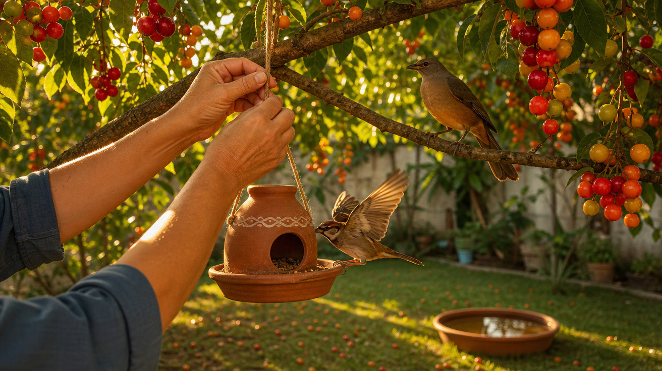 Mãos pendurando comedouro de barro em árvore com pássaros e frutos vermelhos em jardim ensolarado.