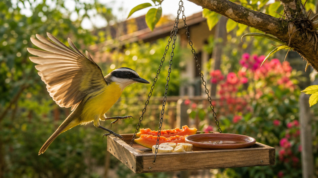 Pássaro amarelo pousando em comedouro suspenso com pedaços de frutas em jardim florido.