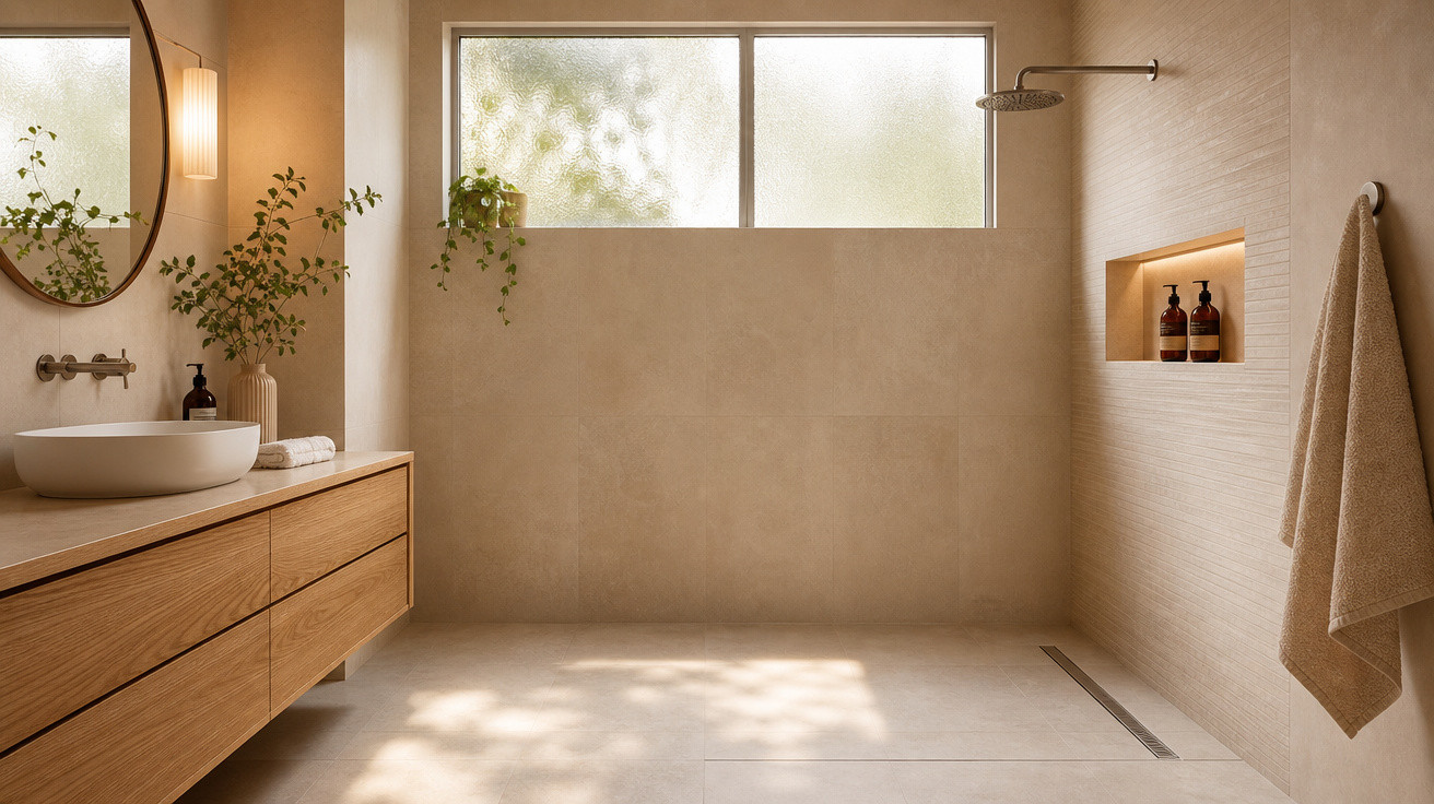 Banheiro moderno com detalhes em madeira, pia branca, plantas e chuveiro embutido em ambiente claro e minimalista.