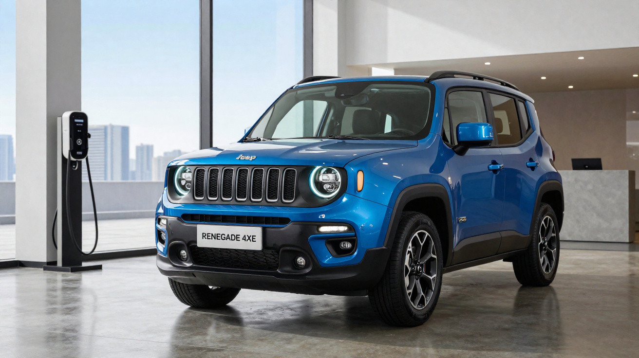 Carro elétrico Jeep Renegade 4XE azul carregando em estação dentro de prédio moderno.