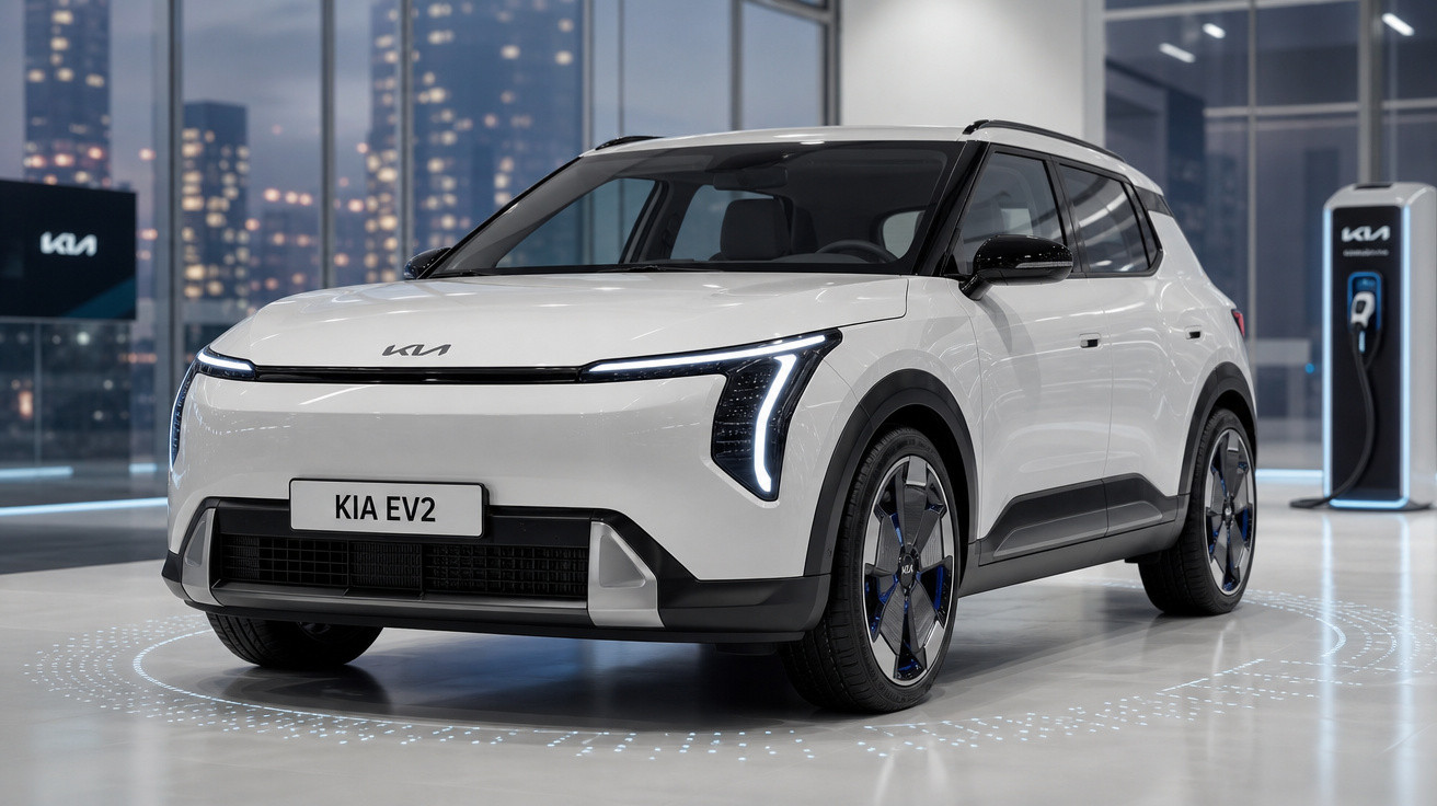 Carro elétrico branco Kia EV2 em showroom moderno com carregador ao fundo.