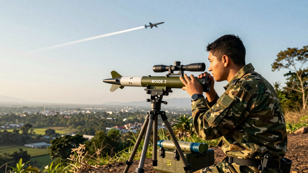 Soldado em uniforme camuflado operando lançador de míssil antiaéreo boide 2 em área elevada.