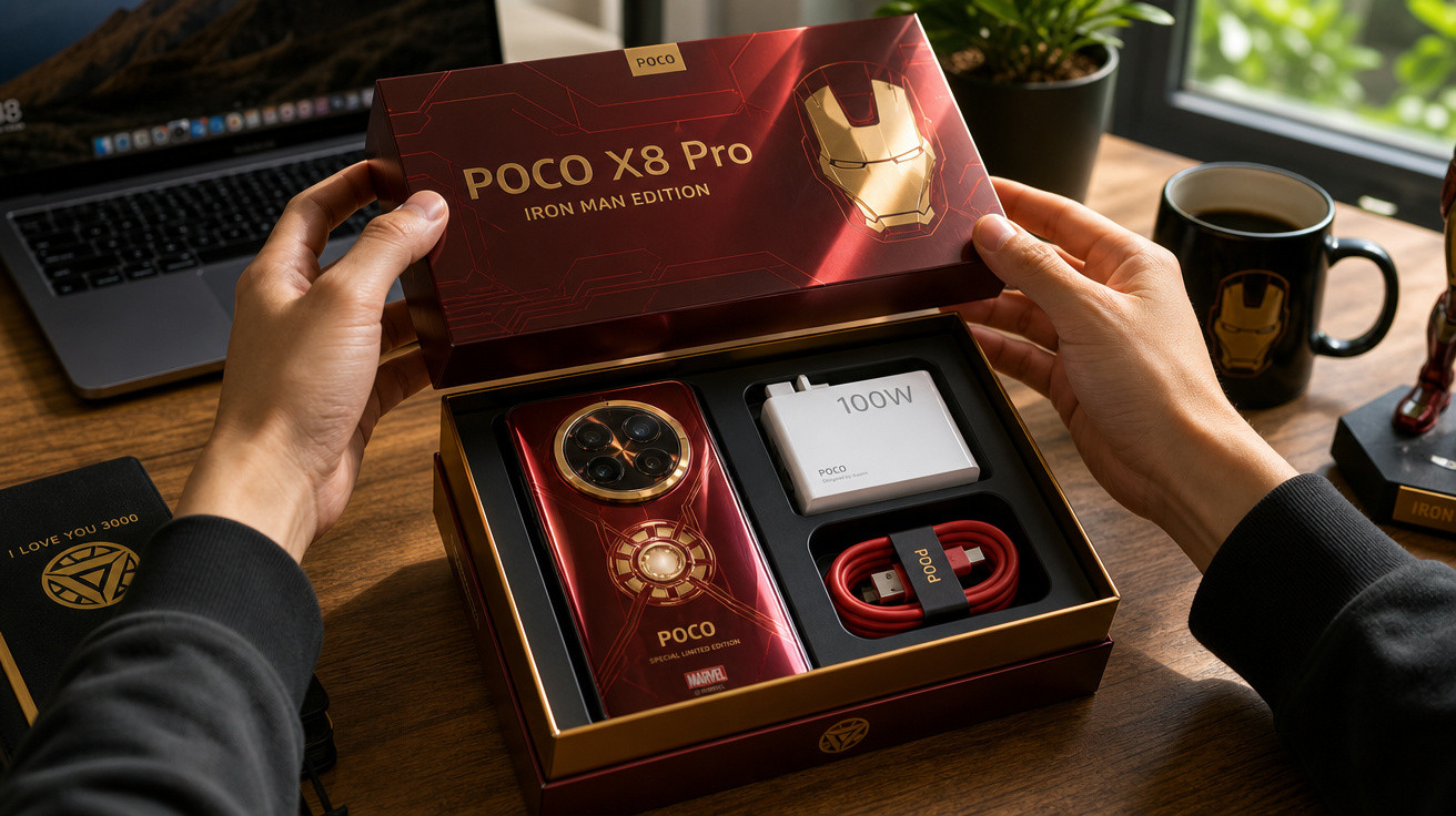 Mãos abrindo caixa do smartphone Poco X8 Pro edição Iron Man com carregador e cabo sobre mesa.