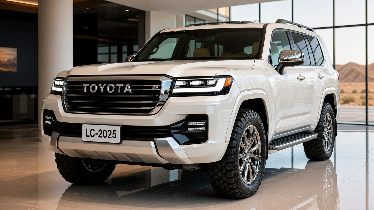 SUV Toyota Land Cruiser 2025 branca exibida em showroom com iluminação natural e pneus robustos.