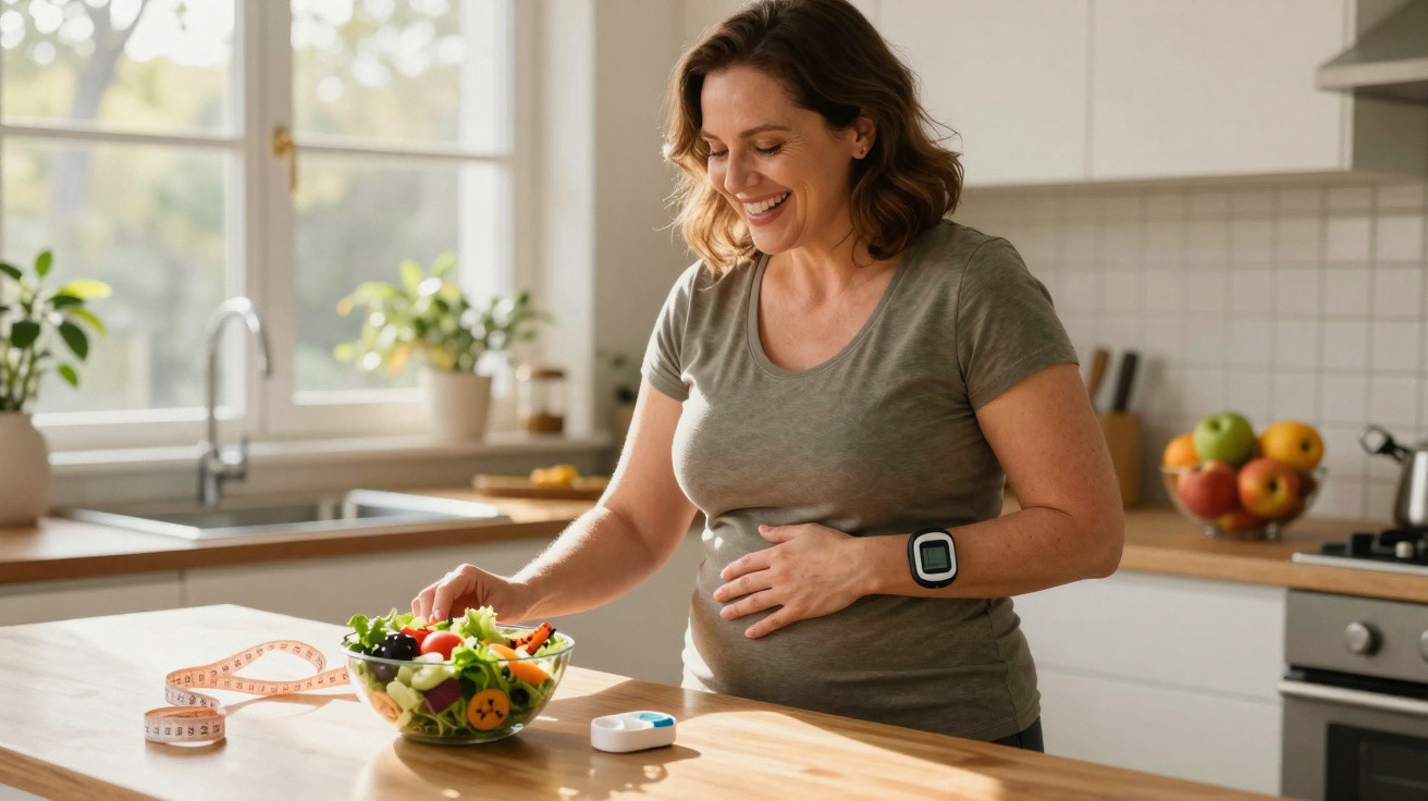 Mulher grávida sorrindo enquanto prepara salada na cozinha, com fita métrica e monitor de glicose à frente.