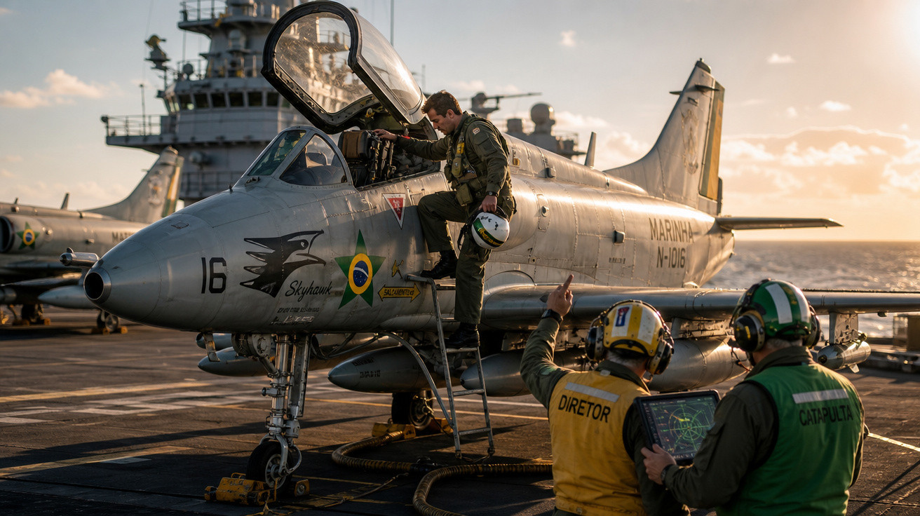 Piloto subindo em caça Skyhawk da Marinha do Brasil no convés de porta-aviões ao pôr do sol.