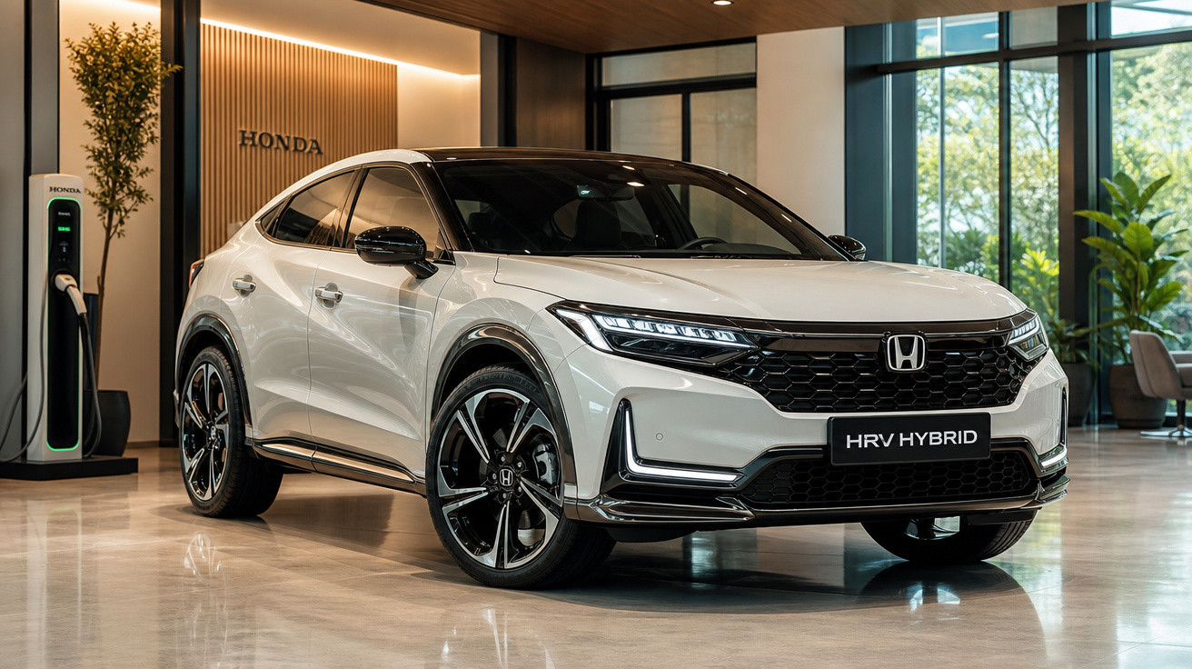 Carro Honda HR-V Hybrid branco em showroom moderno com estação de recarga elétrica e plantas decorativas.