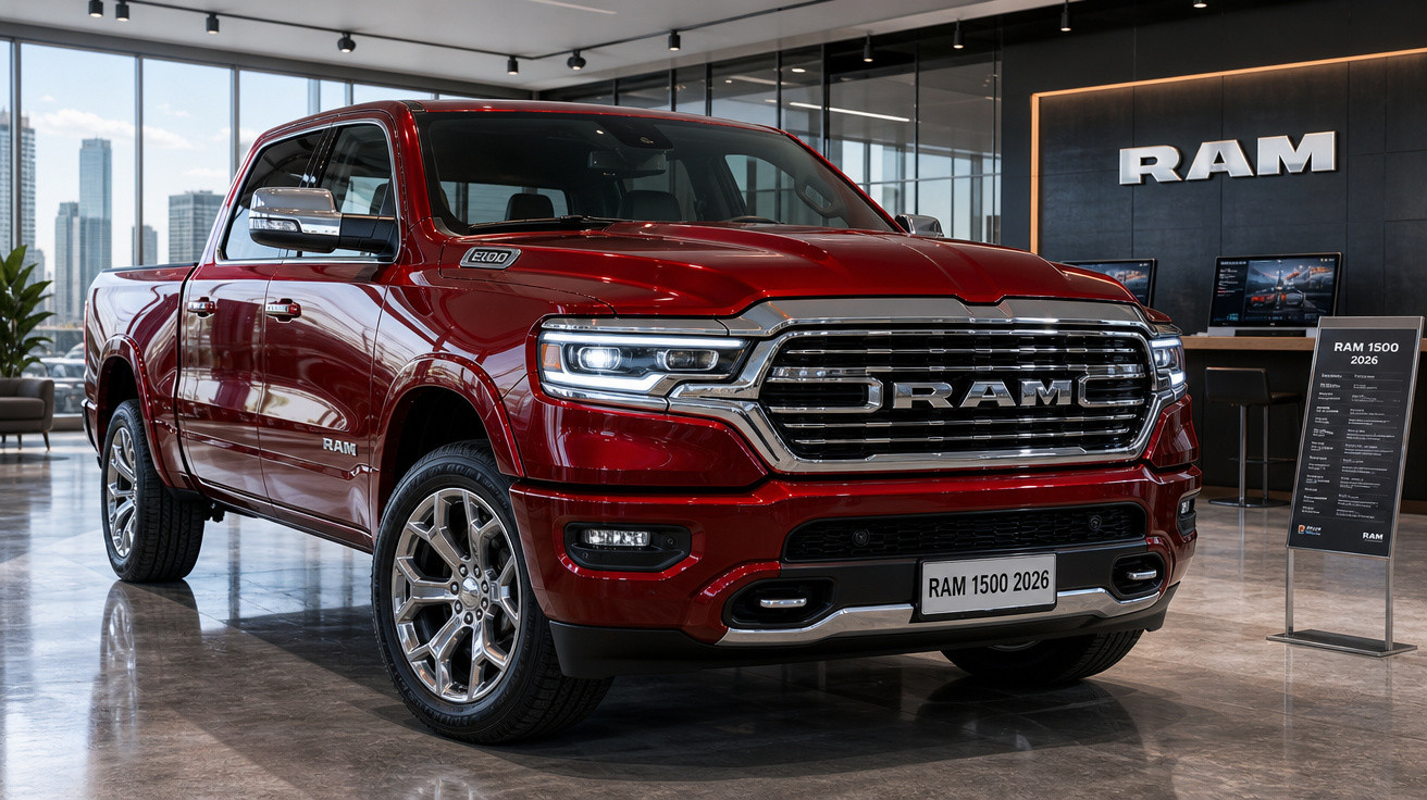 Picape RAM 1500 2026 vermelha exposta em showroom moderno com iluminação natural e detalhes em vidro.