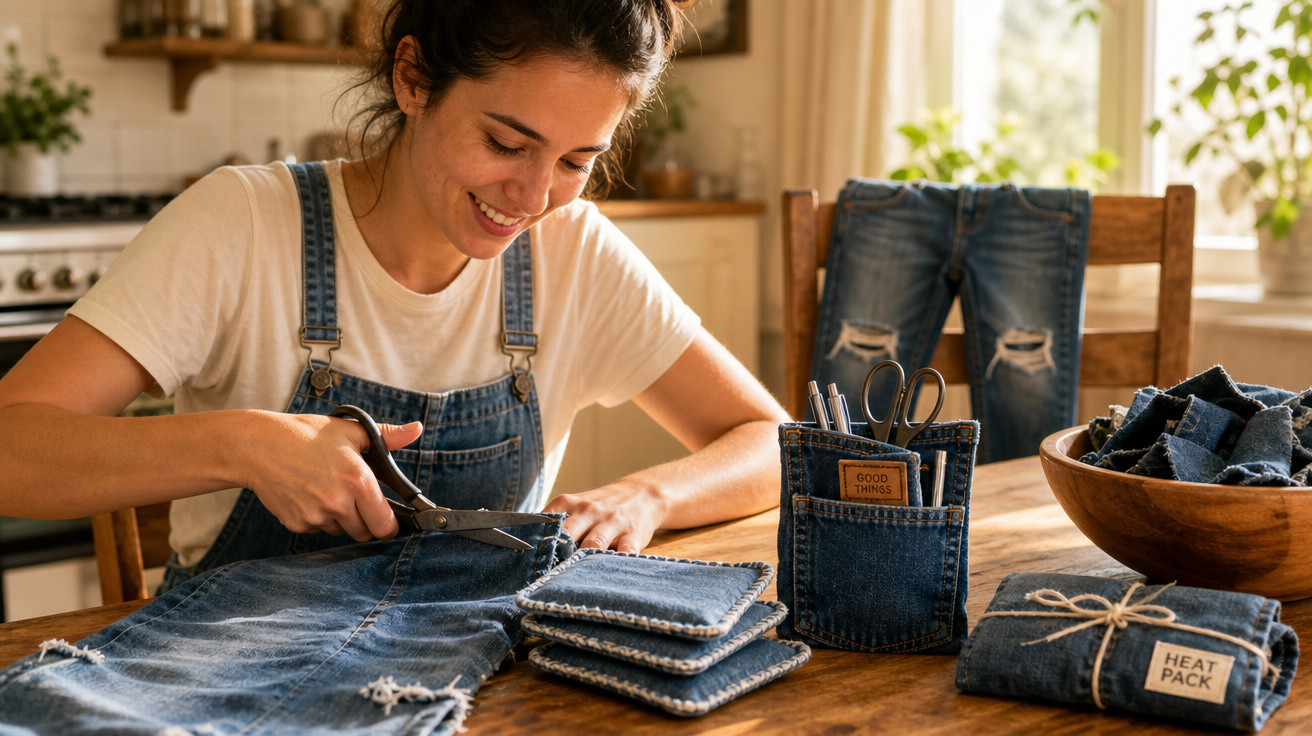 Mulher sorridente cortando jeans para fazer artesanato em mesa de madeira na cozinha.