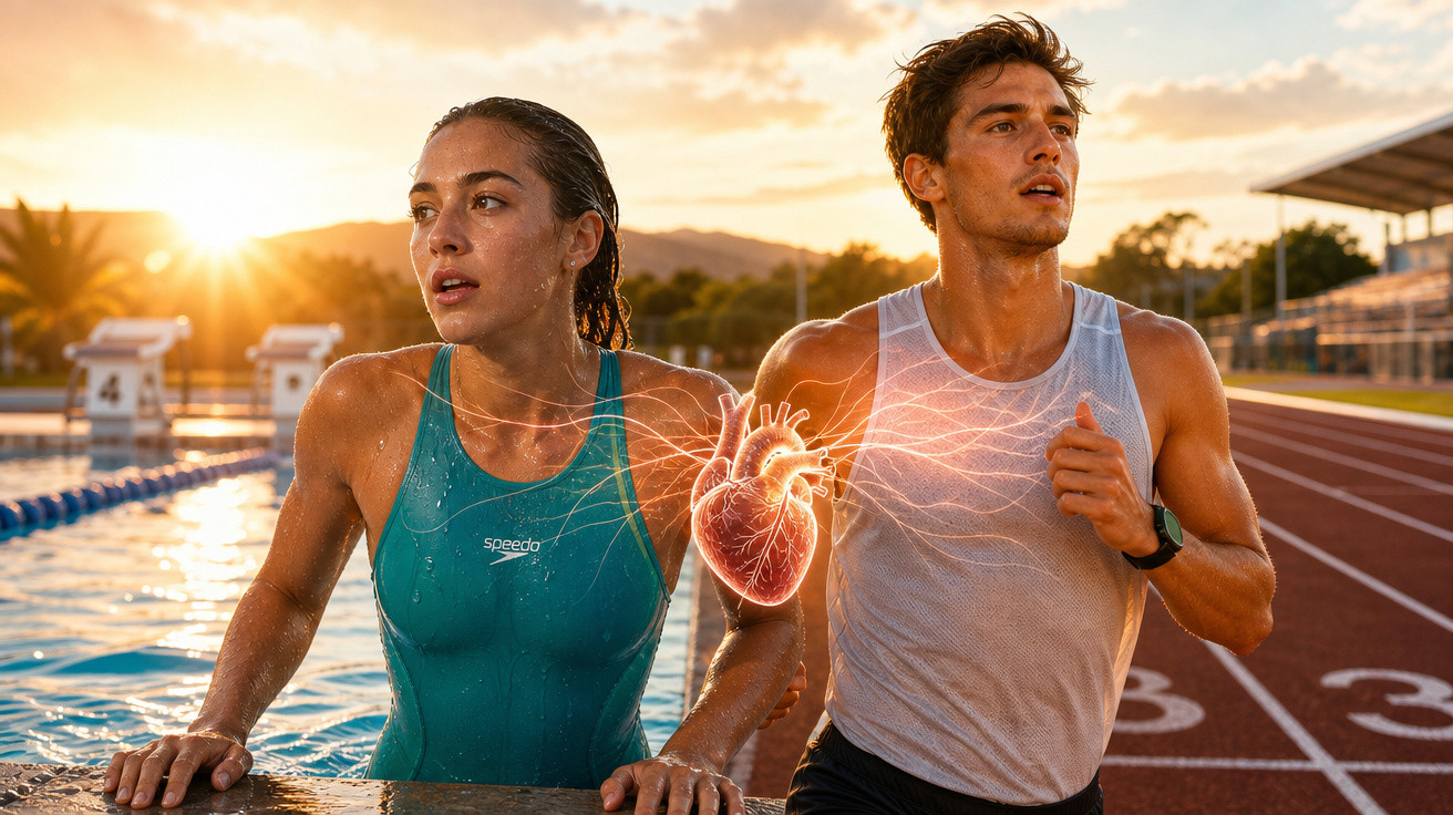 Mulher e homem atléticos pós-treino, coração ilustrado entre eles, ao pôr do sol na piscina e pista de corrida.
