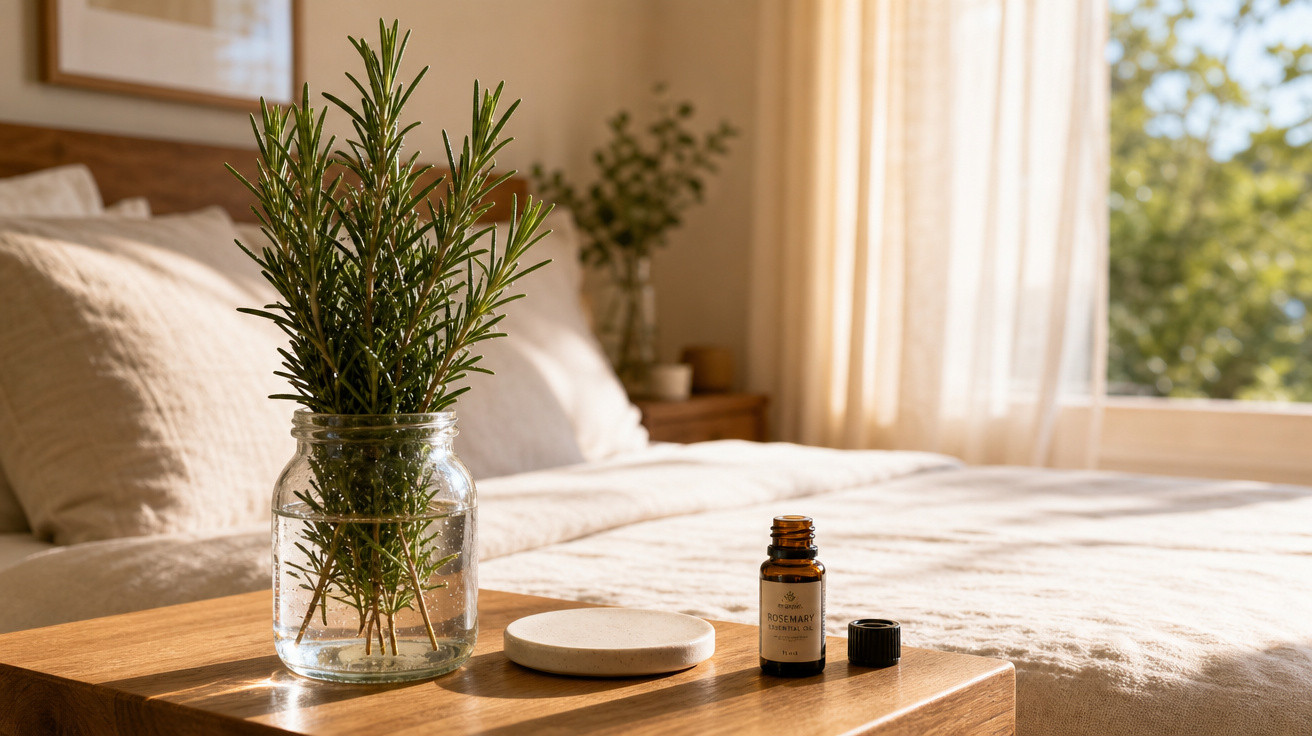 Vaso com alecrim, óleo essencial e cama iluminada por luz natural em quarto aconchegante.