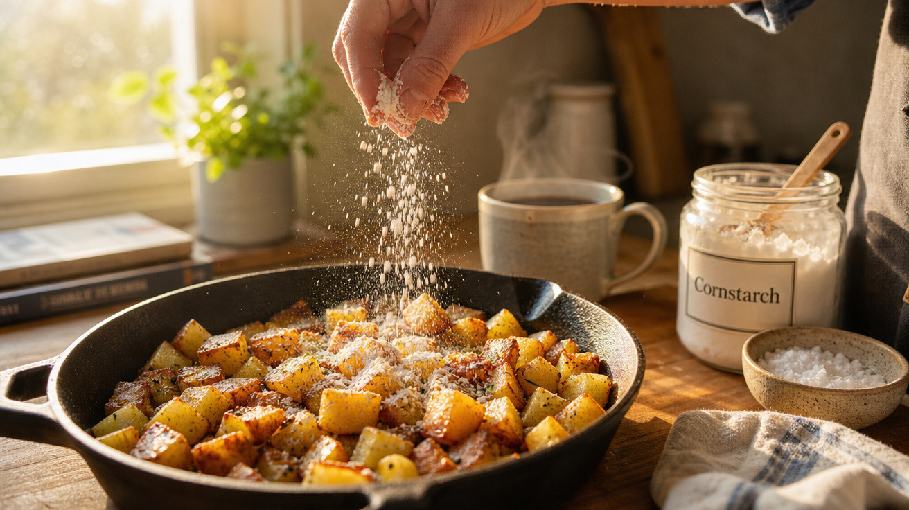 Mão salpicando sal grosso em batatas douradas em frigideira no balcão da cozinha com luz natural.