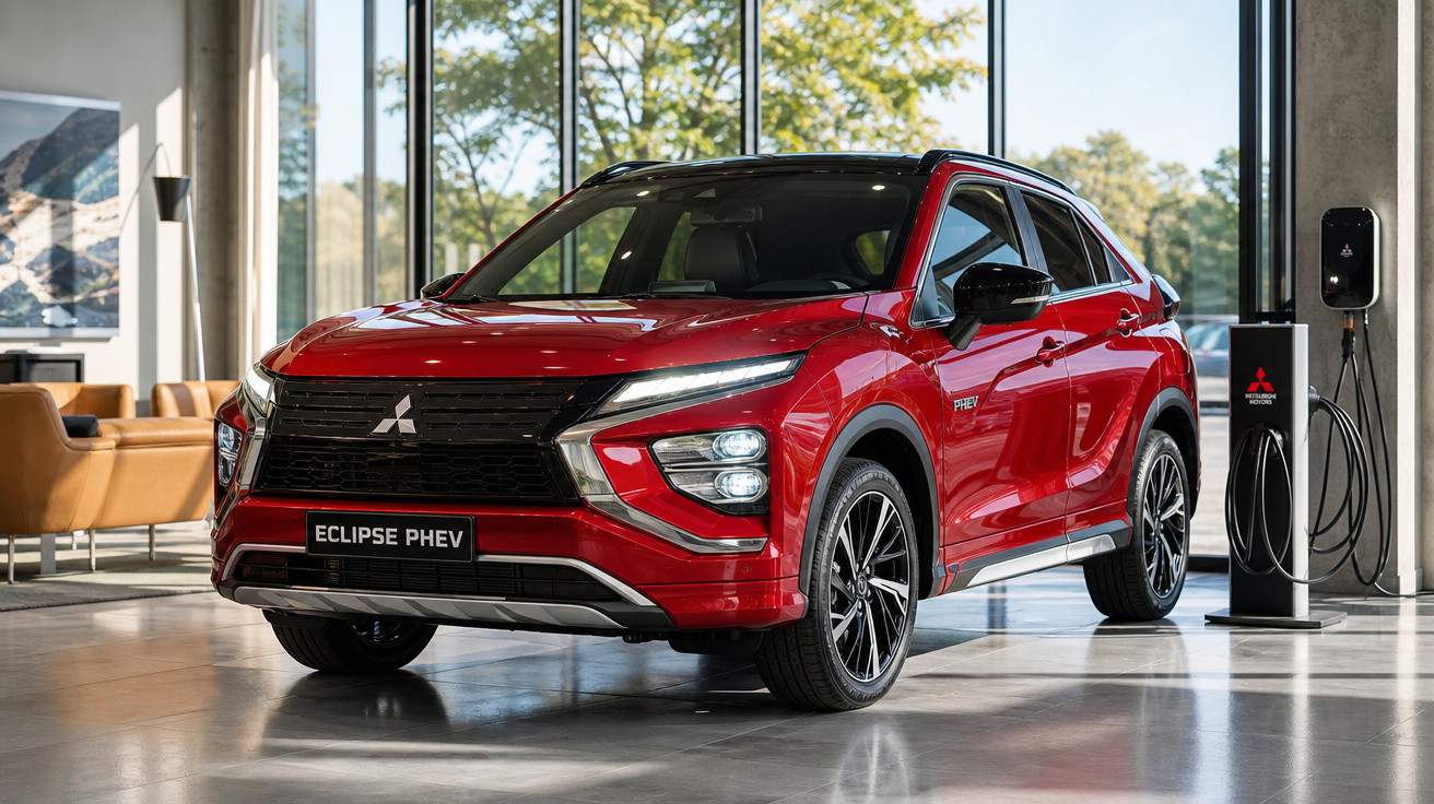 Carro SUV vermelho Mitsubishi Eclipse PHEV estacionado em showroom moderno com carregador elétrico.