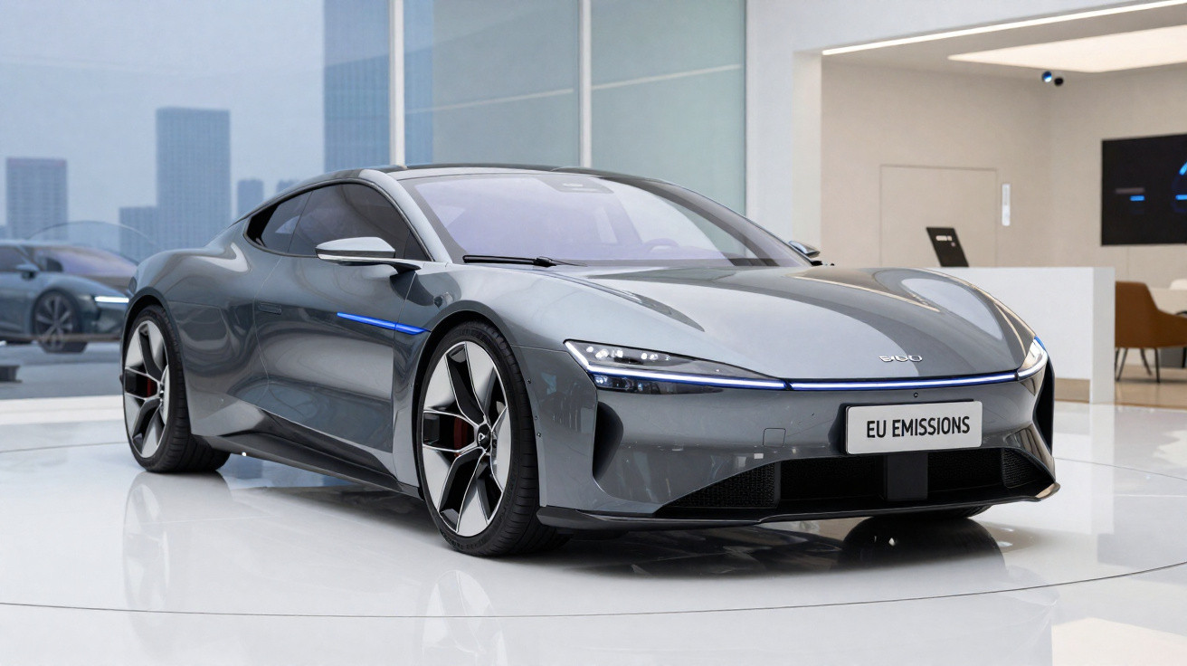 Carro elétrico esportivo cinza brilhante em exposição interna com placa escrita EU EMISSIONS.
