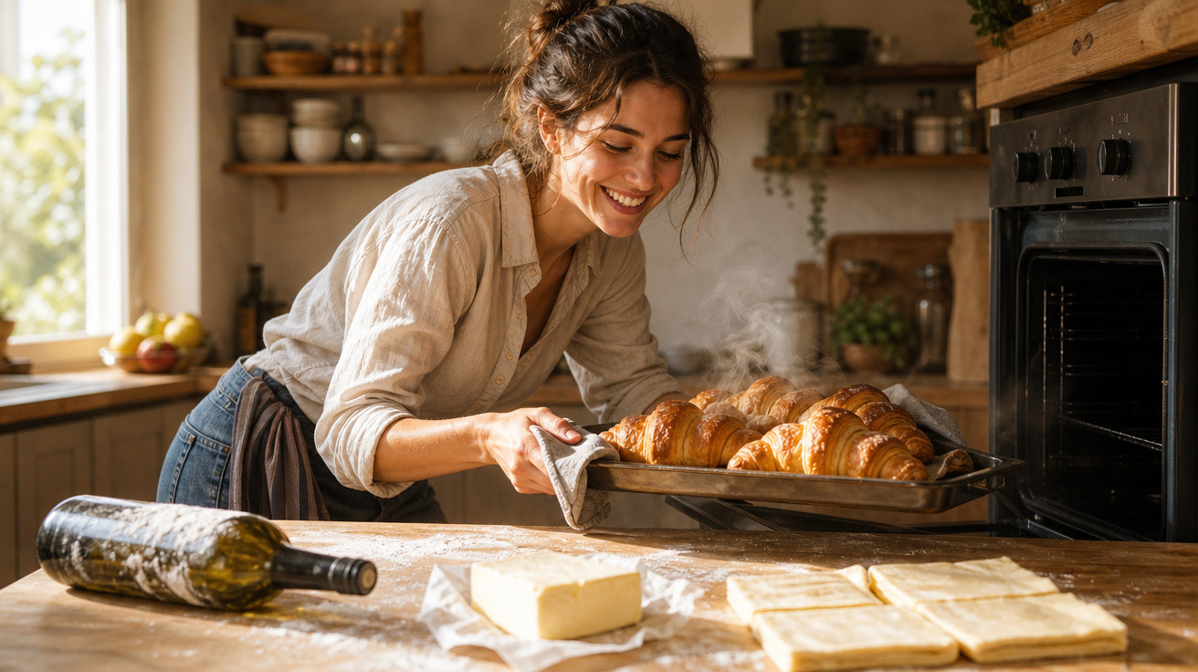 Mulher sorridente tirando croissants quentes do forno em cozinha rústica e iluminada.