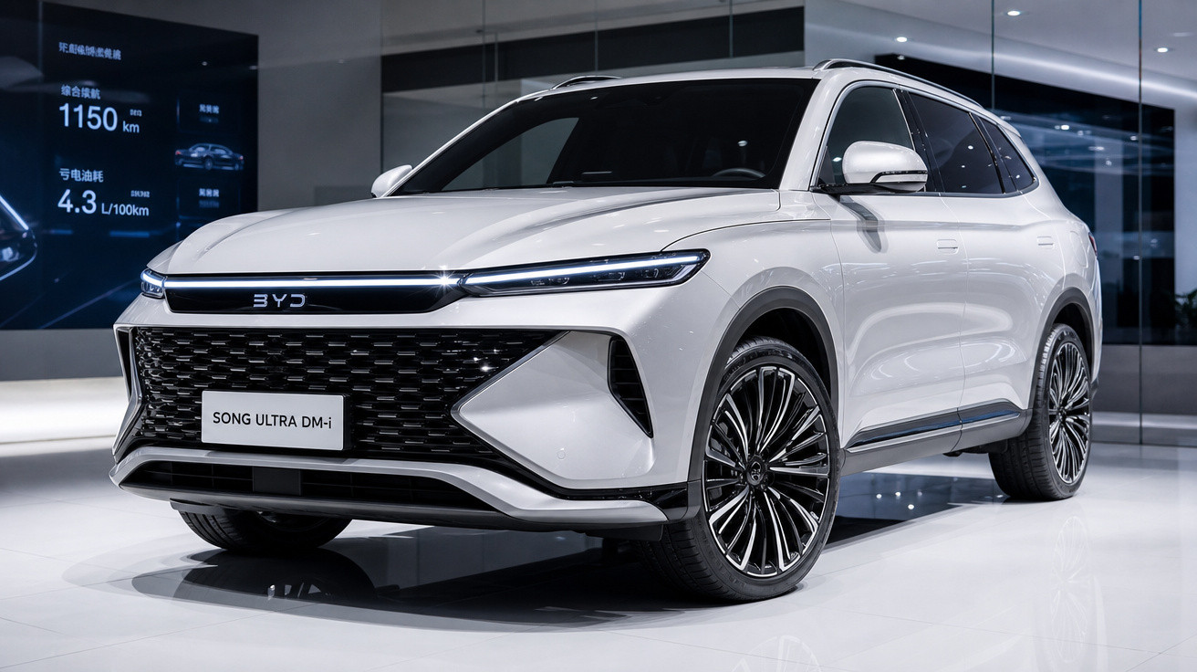 SUV branco BYD Song Ultra DM-i exibido em showroom moderno com detalhes tecnológicos ao fundo.