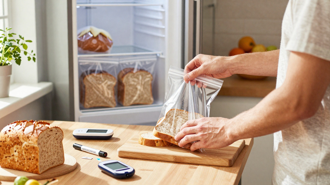 Pessoa colocando fatias de pão integral em saco plástico na cozinha com equipamentos de medição de glicose à vista.