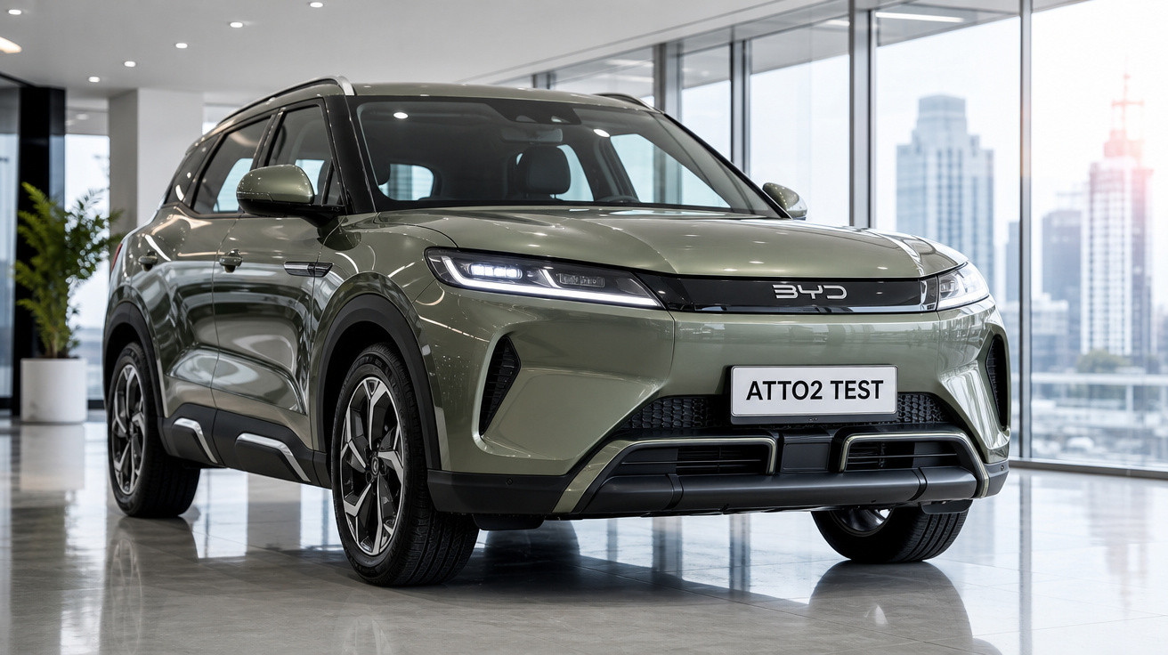 Carro elétrico SUV BYD ATTO2 verde exibido em showroom moderno com janelas amplas e vista urbana.