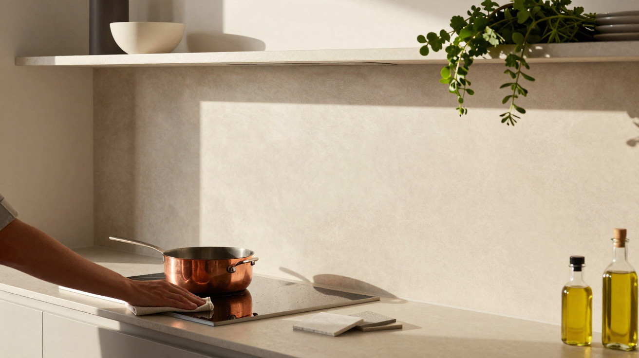 Braço limpando cooktop em cozinha clara com panela de cobre, garrafas de azeite e planta acima.