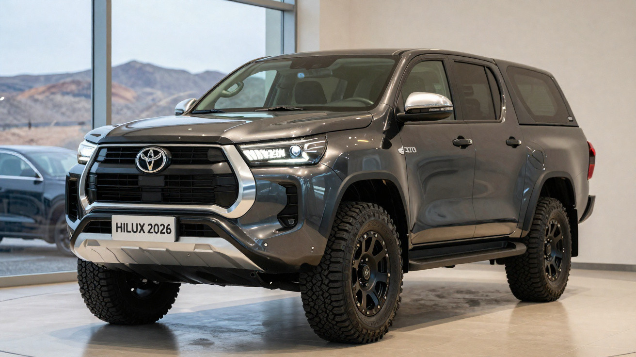 Picape Toyota Hilux 2026 cinza, com faróis acesos e pneus off-road, exposta em showroom.