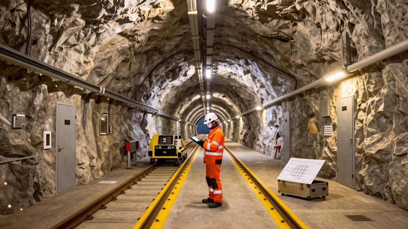 Trabalhador em equipamento de segurança inspeciona via férrea dentro de túnel rochoso iluminado.