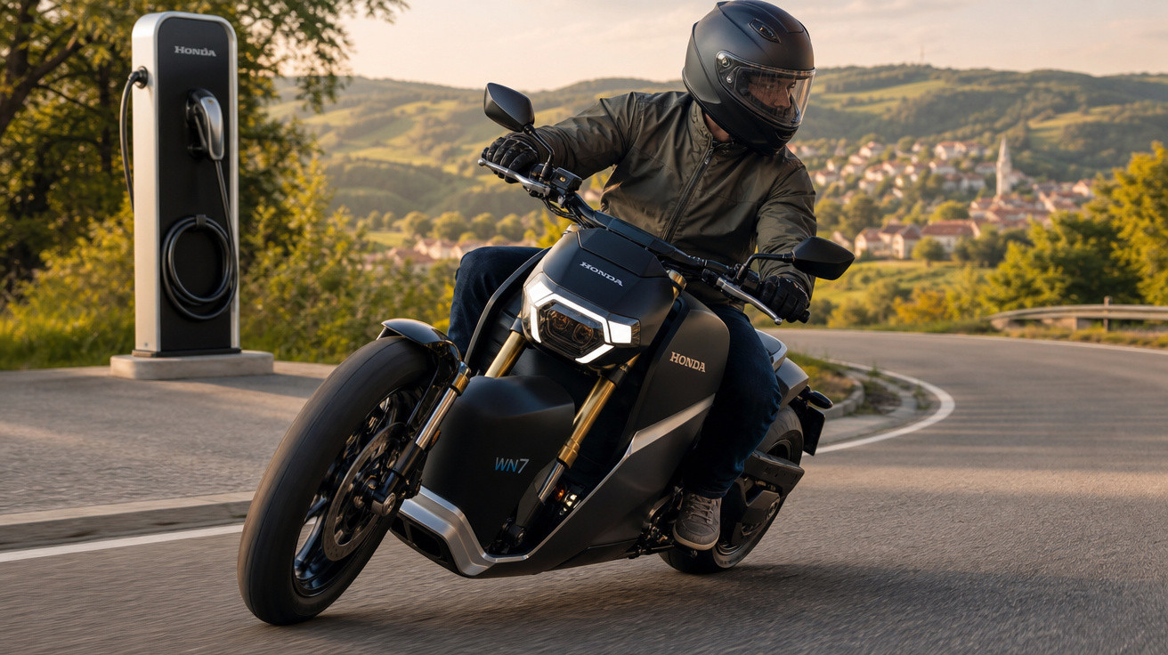 Motociclista de capacete preto pilotando moto elétrica Honda em estrada com paisagem de montanhas ao fundo.