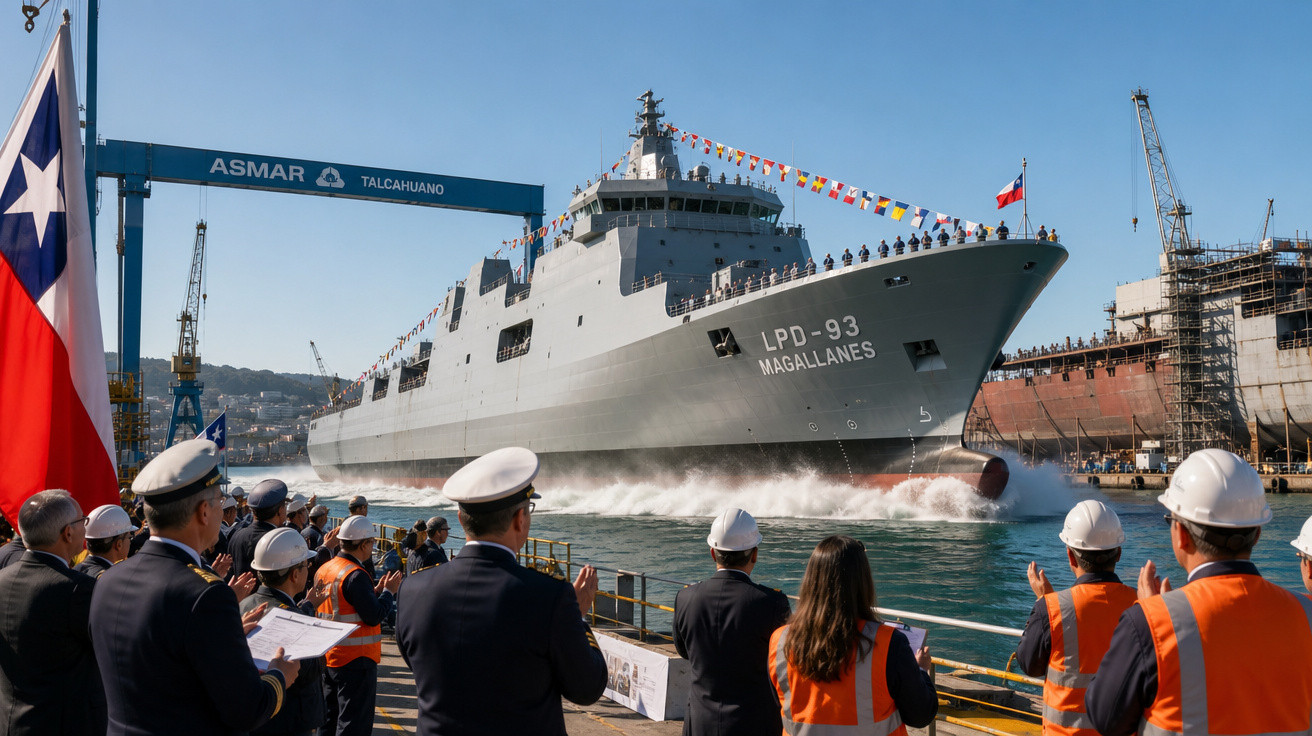Navio LPD-93 Magallanes sendo lançado ao mar em cerimônia com equipe e bandeira do Chile.