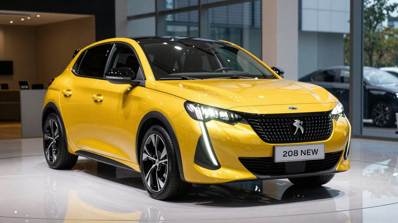 Carro hatch amarelo Peugeot 208 NEW exibido em salão moderno com iluminação branca refletida no piso.