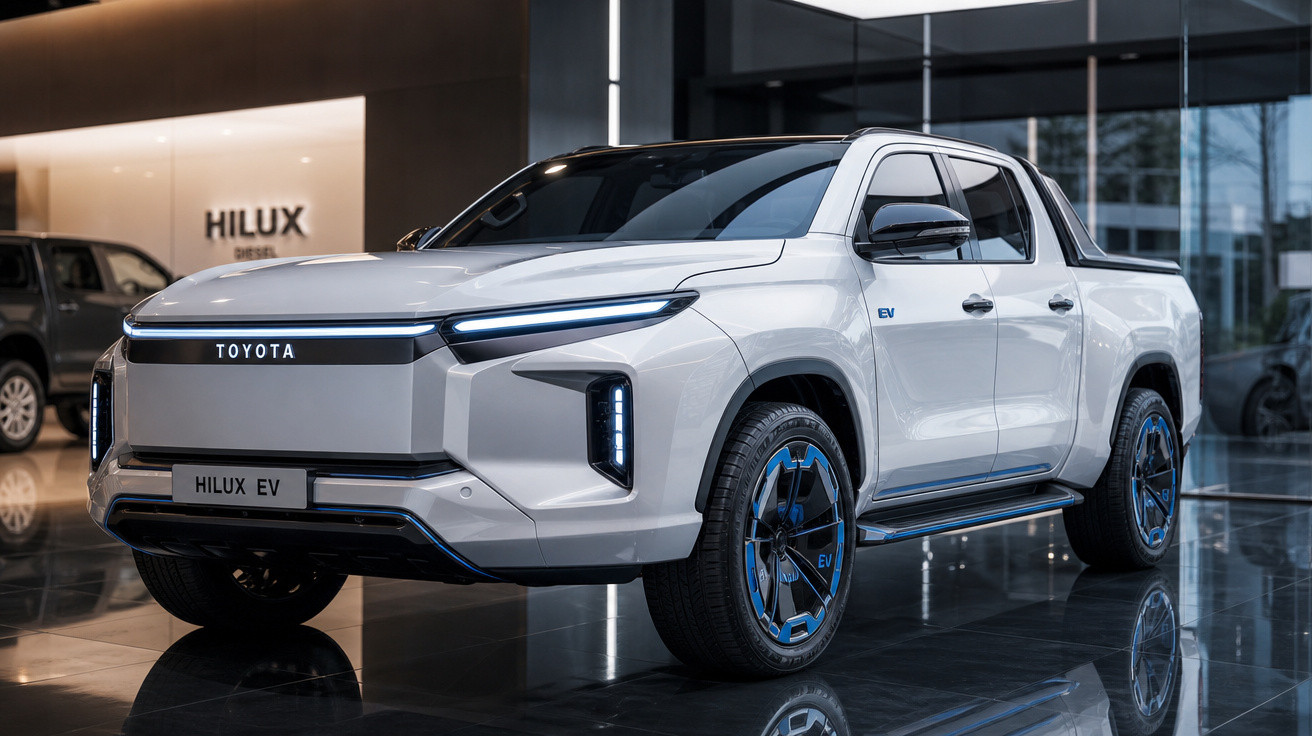 Picape Toyota Hilux EV branca exposta em showroom moderno com design futurista e rodas estilizadas.