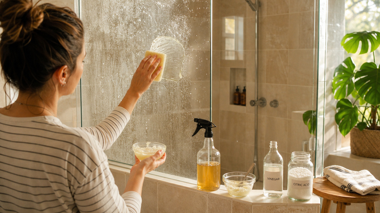 Mulher limpando vidro do banheiro com esponja e produtos naturais ao lado, como vinagre e ácido cítrico.