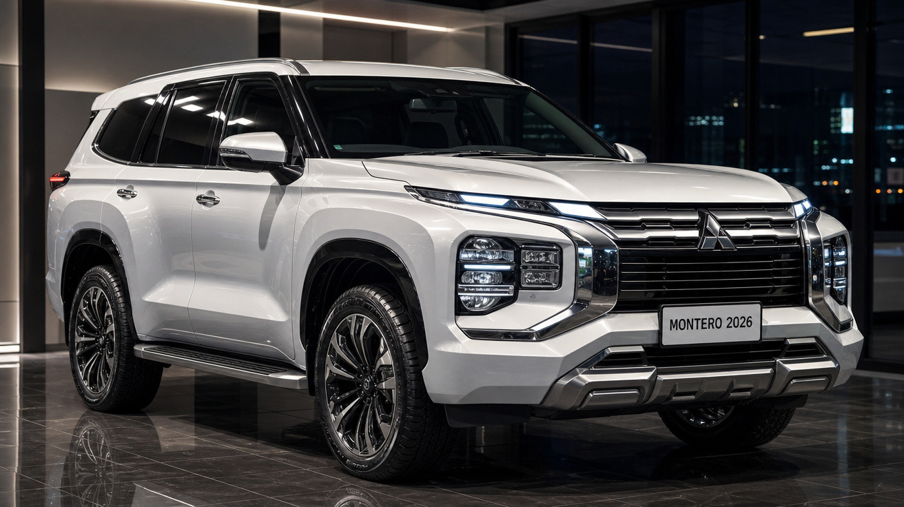 SUV Mitsubishi Montero 2026 branca em ambiente interno com iluminação moderna e rodas pretas.