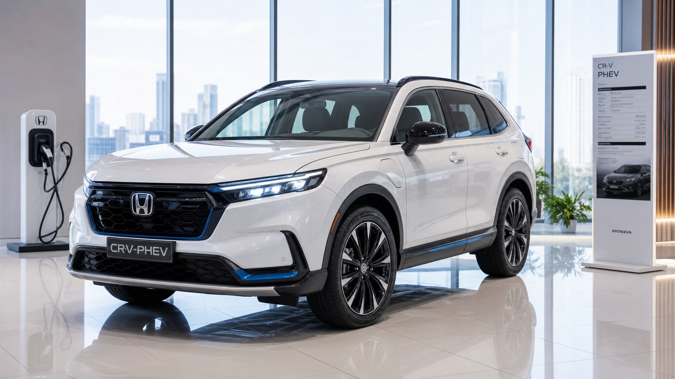 Carro branco Honda CR-V PHEV exibido em showroom moderno com carregador elétrico ao lado.