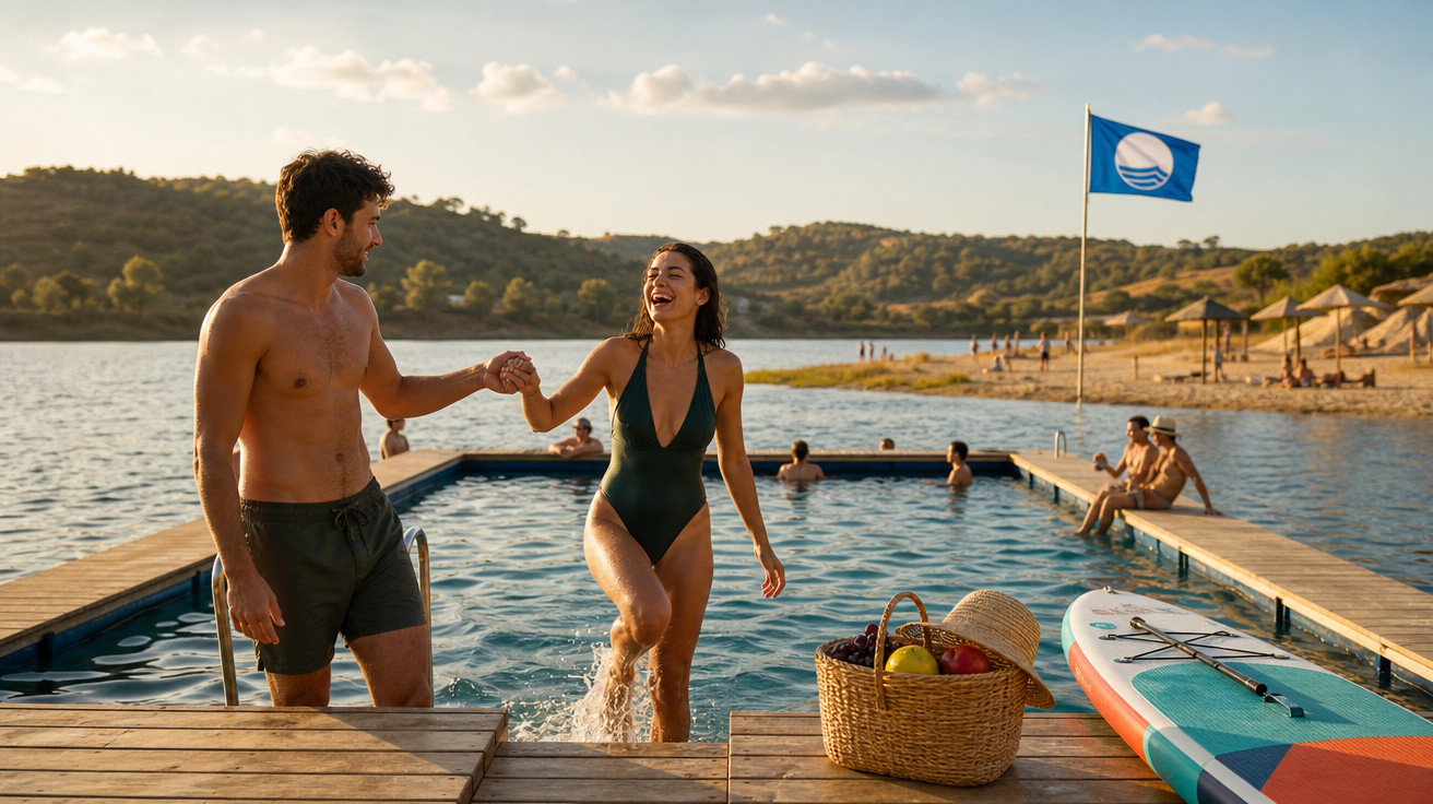 Casal sorridente saindo de piscina ao ar livre em área com lago e paisagem natural ao fundo.