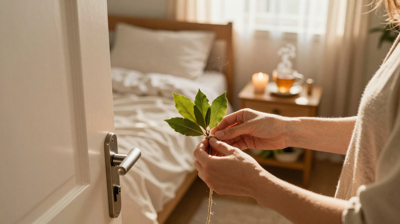 Pessoa segurando folhas verdes dentro de um quarto iluminado com cama e velas ao fundo.