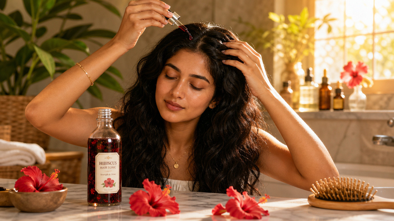 Mulher aplicando tônico capilar de hibisco no couro cabeludo em ambiente iluminado e decorado com flores.