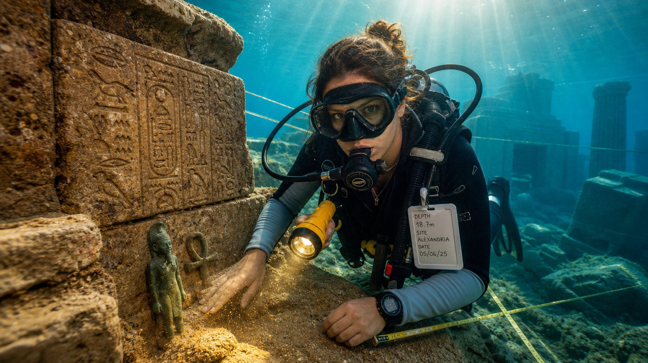 Mergulhadora explorando ruínas subaquáticas egípcias com estátua e hieróglifos sob a água em Alexandria.