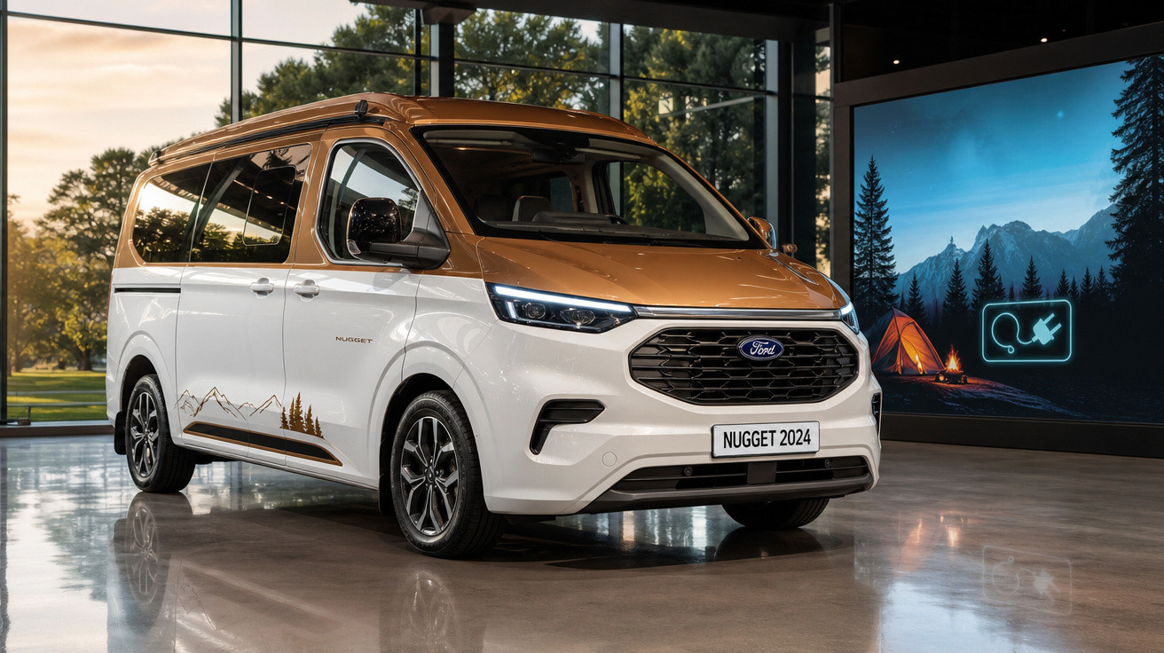Van Ford Nugget 2024 branca e marrom em showroom com painel digital de montanhas e camping.