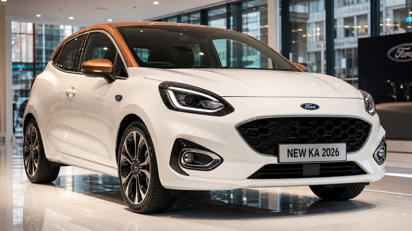 Carro branco Ford New Ka 2026 em exposição, com teto e retrovisores dourados, em showroom moderno.