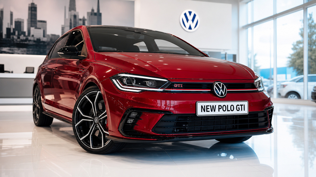 Carro Volkswagen Polo GTI vermelho em showroom com logo da Volkswagen ao fundo.