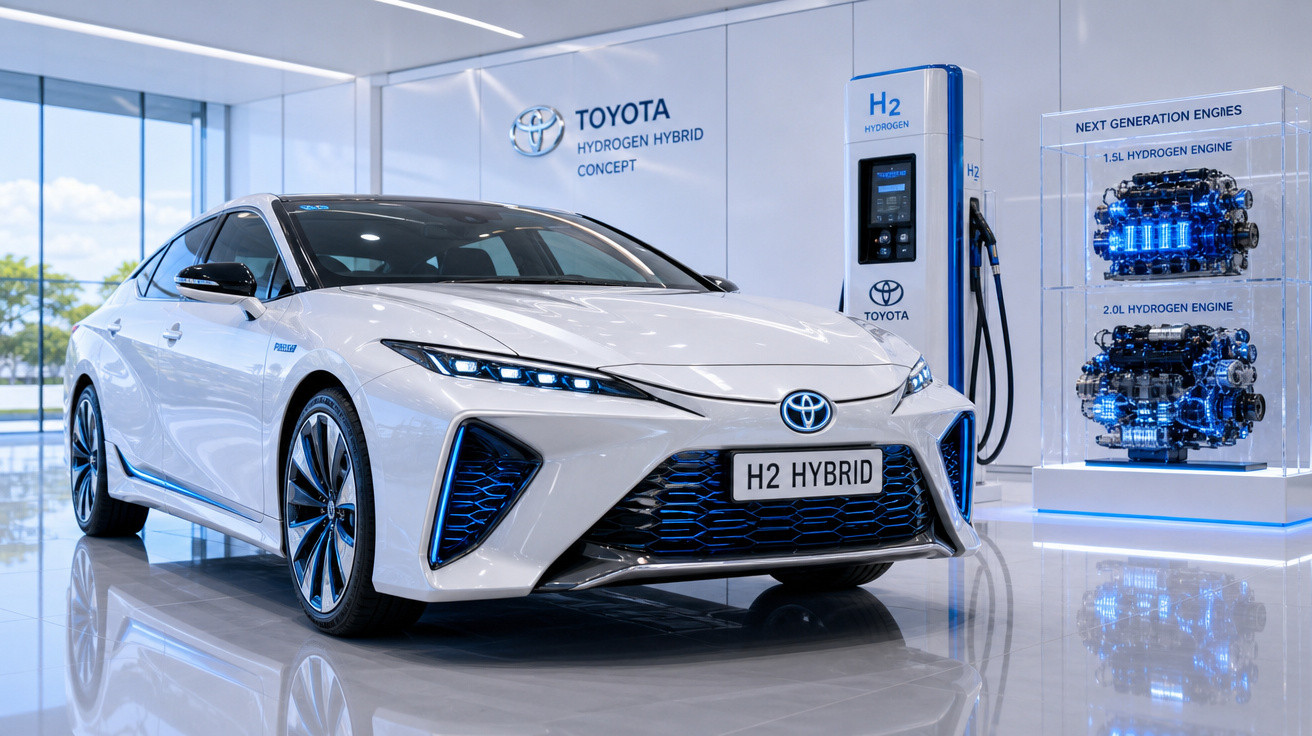 Carro branco Toyota H2 Hybrid em exposição com posto de hidrogênio e motores em modelo transparente.