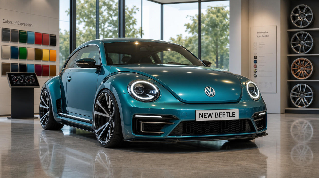 Carro Volkswagen New Beetle azul em exposição interna, com rodas grandes e faróis acesos.