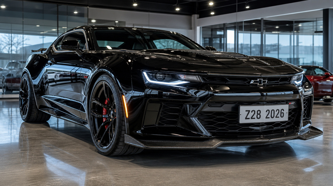 Carro esportivo preto Chevrolet Camaro SS estacionado em showroom moderno com piso refletivo.