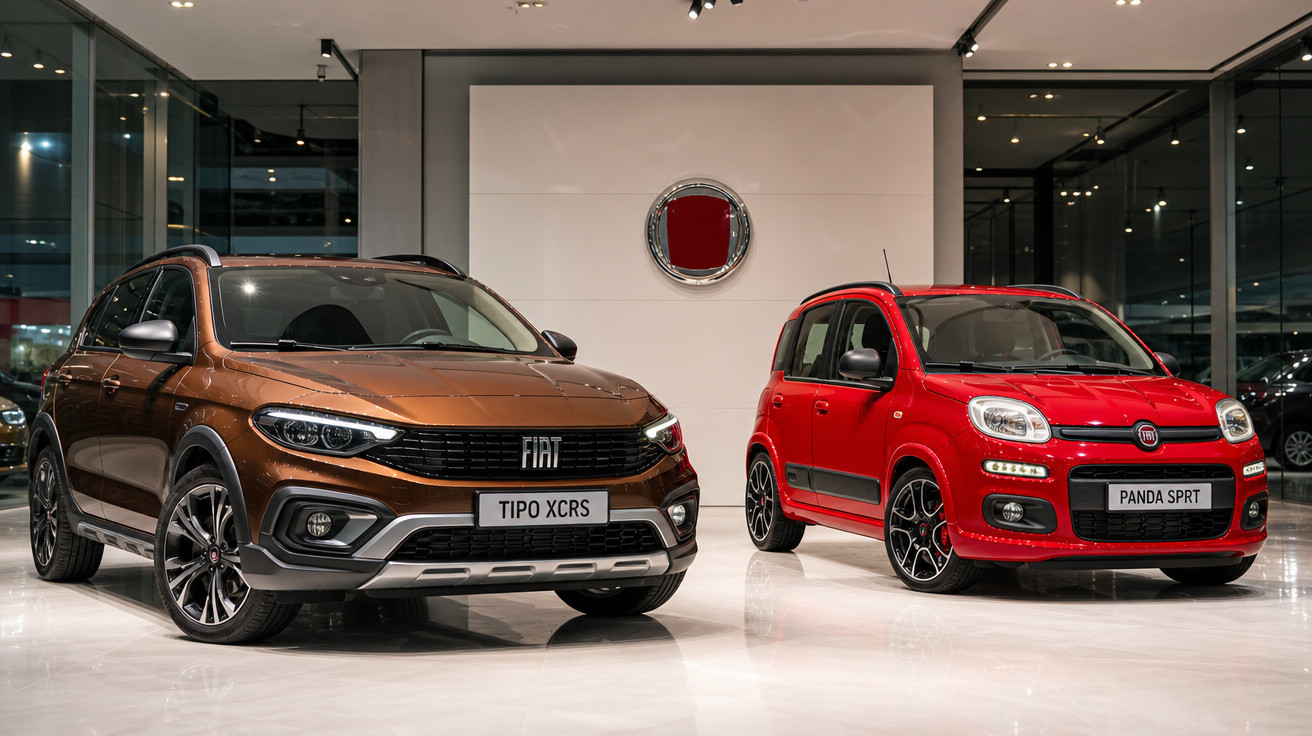 Dois carros Fiat em salão: Tipo XCRS marrom e Panda SPRT vermelho, com parede branca ao fundo.