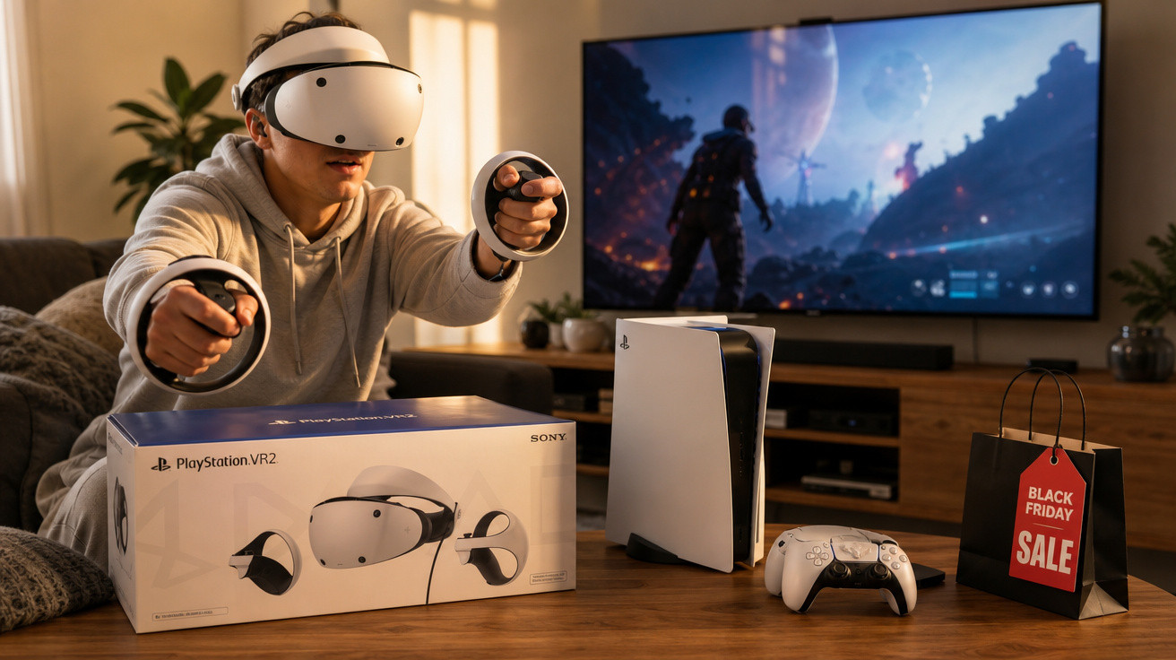 Pessoa usando óculos e controles de realidade virtual PlayStation VR2, com videogame e TV ao fundo.