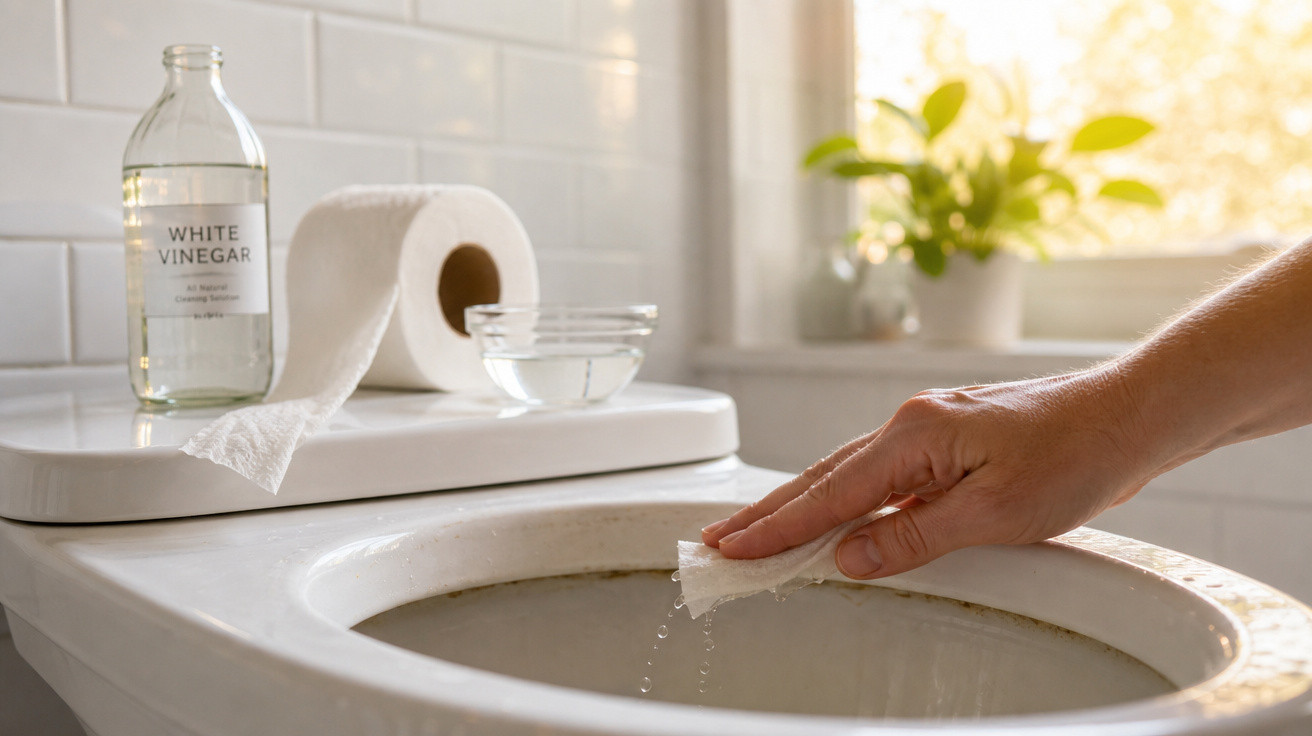 Mão limpando vaso sanitário com pano úmido, ao fundo vinagre branco, papel higiênico e vaso de planta.