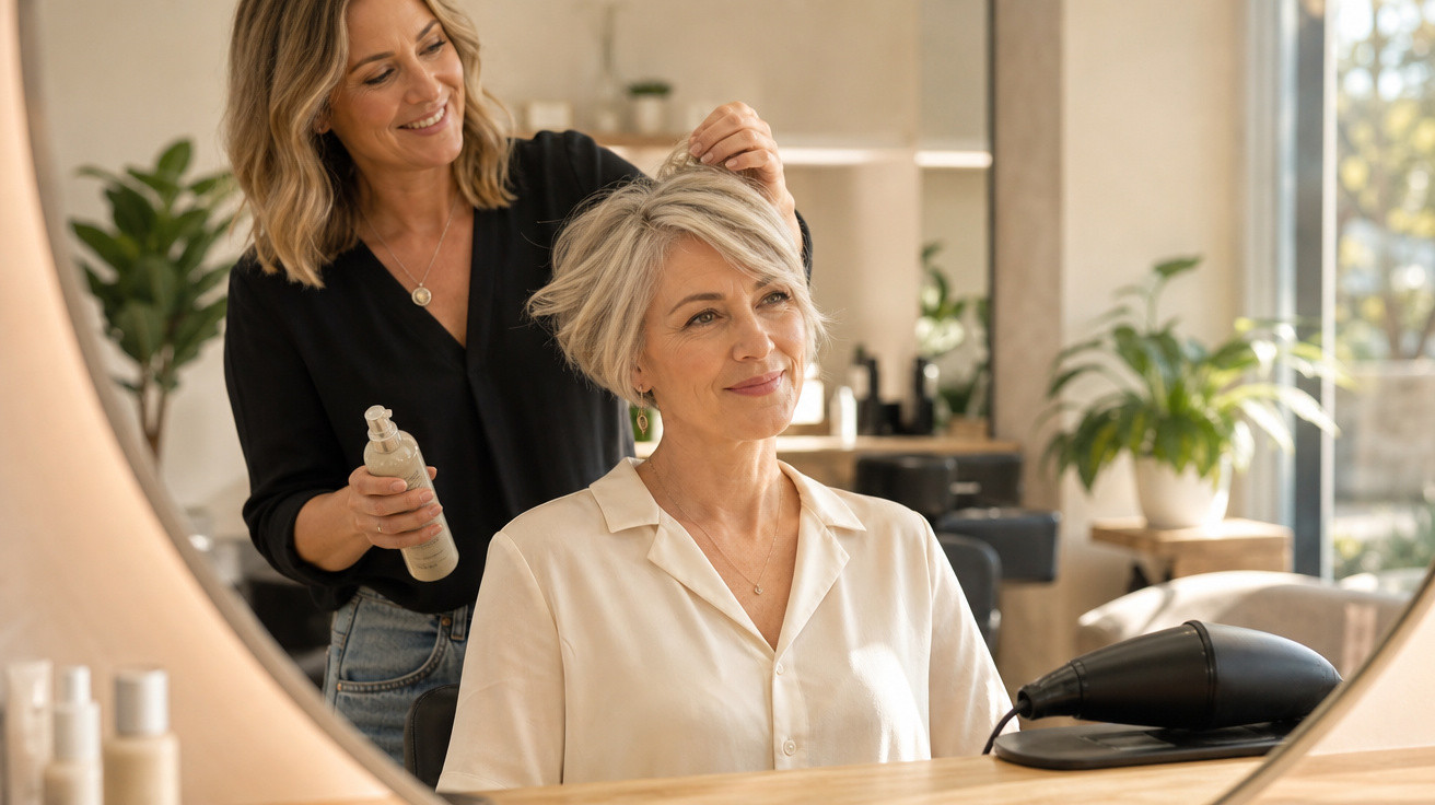 Mulher sorridente cuidando do cabelo de outra mulher de cabelo curto em salão moderno e iluminado