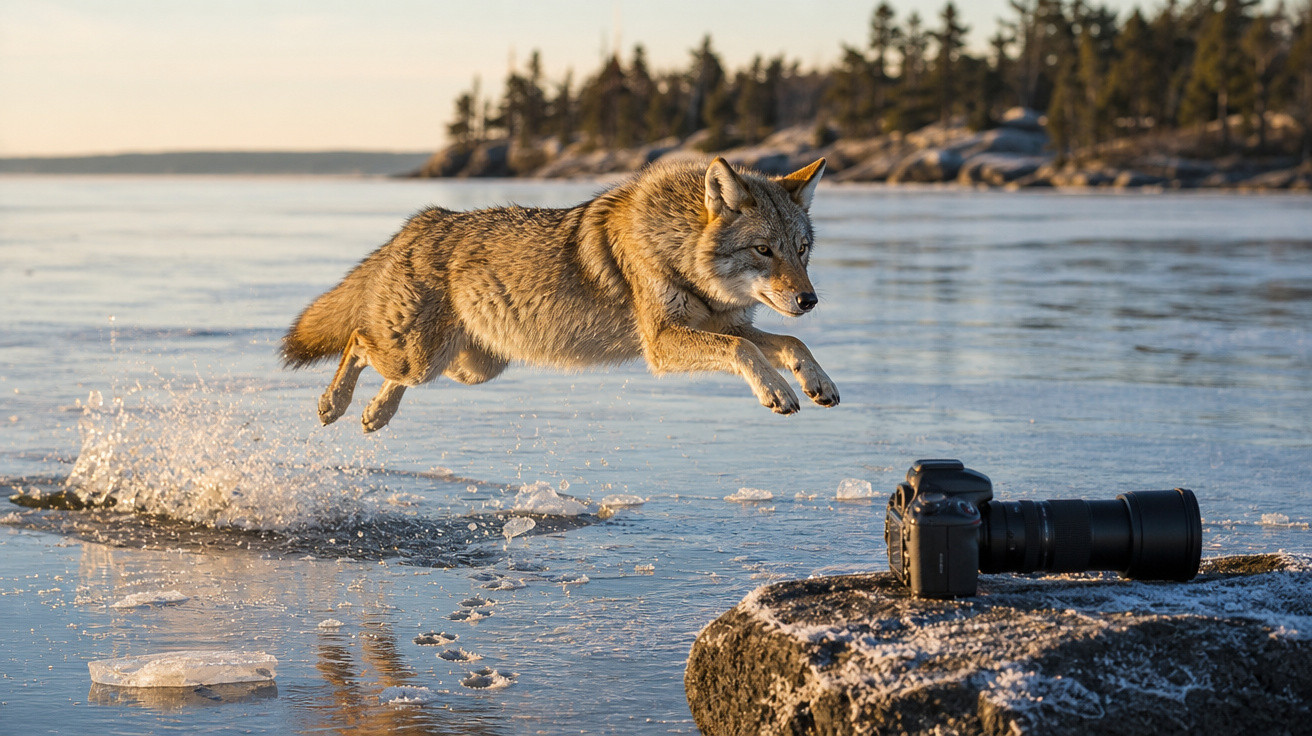 Lobo cinza pulando sobre gelo próximo a uma câmera fotográfica com lente longa sobre pedra.