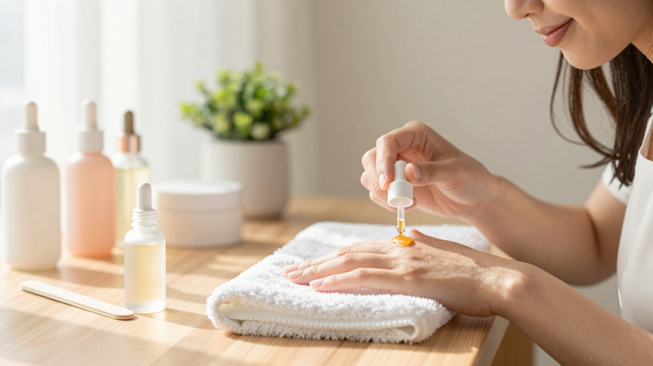 Mulher aplicando soro facial em cima de toalha branca com frascos de cosméticos ao fundo.