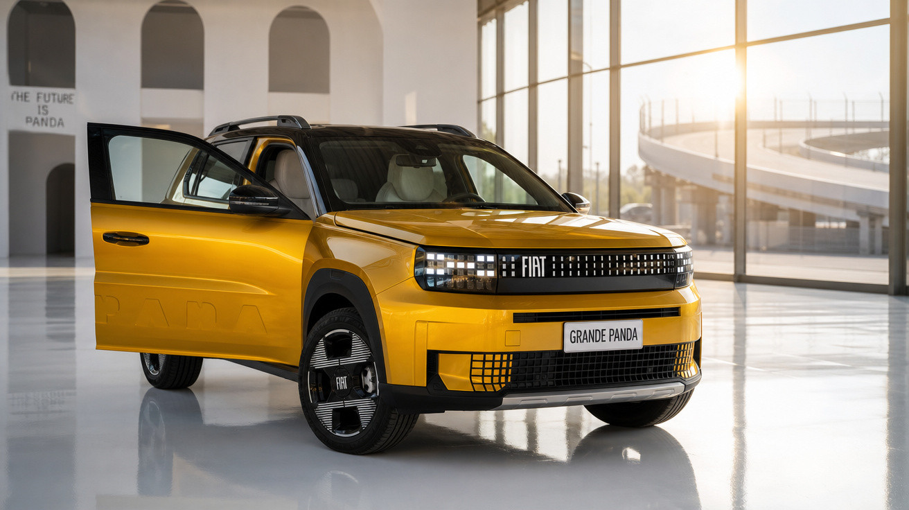 Carro elétrico Fiat Grande Panda amarelo com porta dianteira aberta em salão iluminado pelo sol.